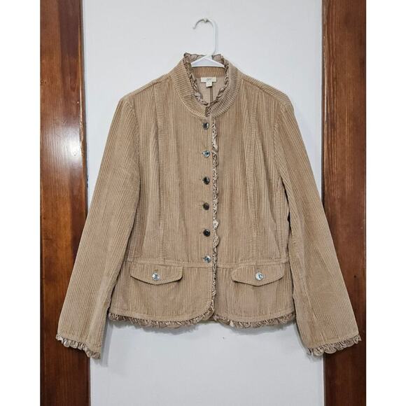 J. Jill Tan Corduroy Button Up Jacket Size Large Ruffles Ribbed Pockets - Picture 10 of 11